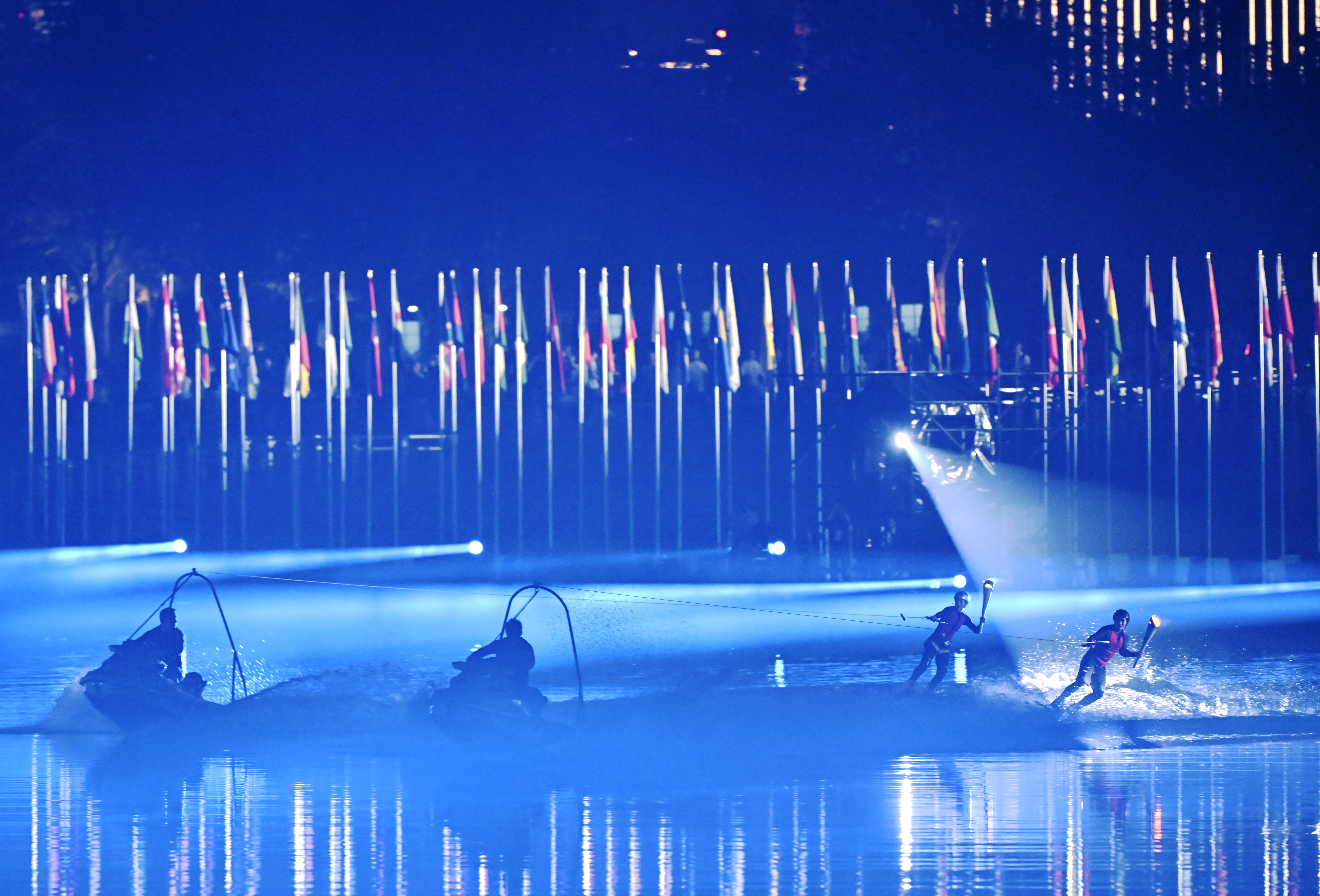 The torch tower lighting ceremony of the 12th World Games is held on a lake in Chengdu, Sichuan Province on August 7, 2025. /Sun Fanyue, Xinhua News Agency 