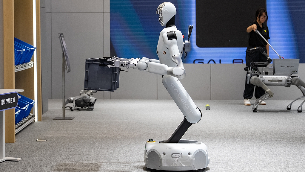 A humanoid robot carries a box at the World Robot Conference, Beijing, China, August 8, 2025. /VCG