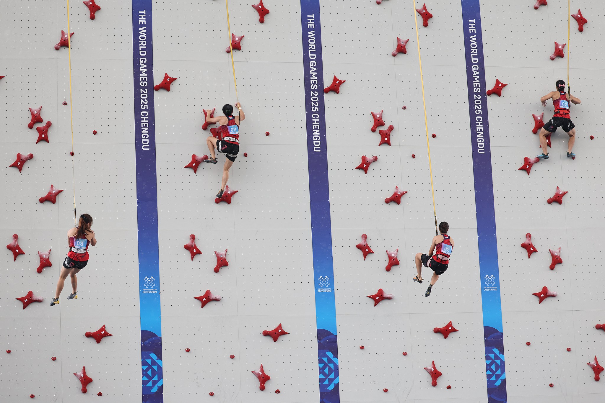 Athletes of China compete in the women's team relay speed climbing event at the 2025 Chengdu World Games in Chengdu, southwest China's Sichuan Province, August 16, 2025. /VCG
