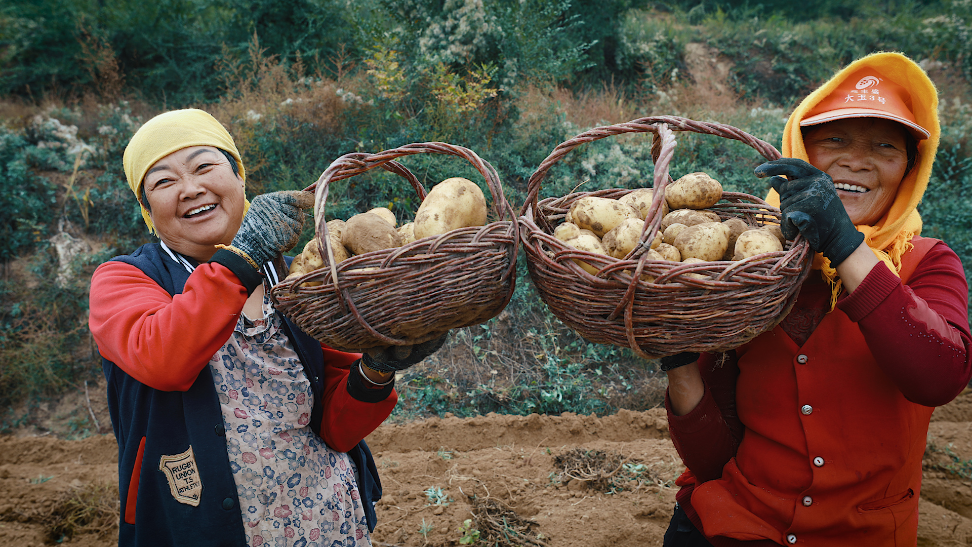 Villagers display a bumper harvest of potatoes. /CGTN