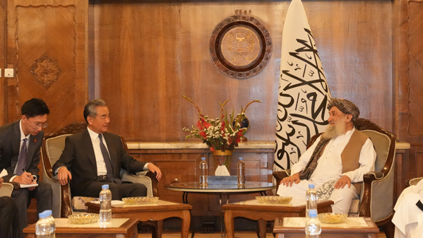 Afghan Prime Minister Mullah Mohammad Hassan Akhund (R) meets with visiting Chinese Foreign Minister Wang Yi, also a member of the Political Bureau of the Communist Party of China Central Committee, in Kabul, Afghanistan, August 20, 2025. /Chinese Foreign Ministry 