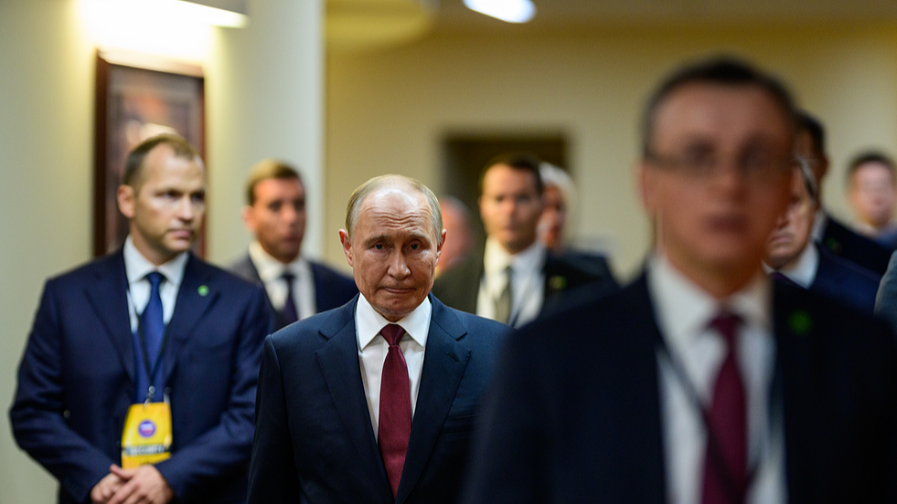 Russian President Vladimir Putin enters the joint press conference at Joint Base Elmendorf Richardson in Anchorage, Alaska, U.S., August 15, 2025. /VCG
