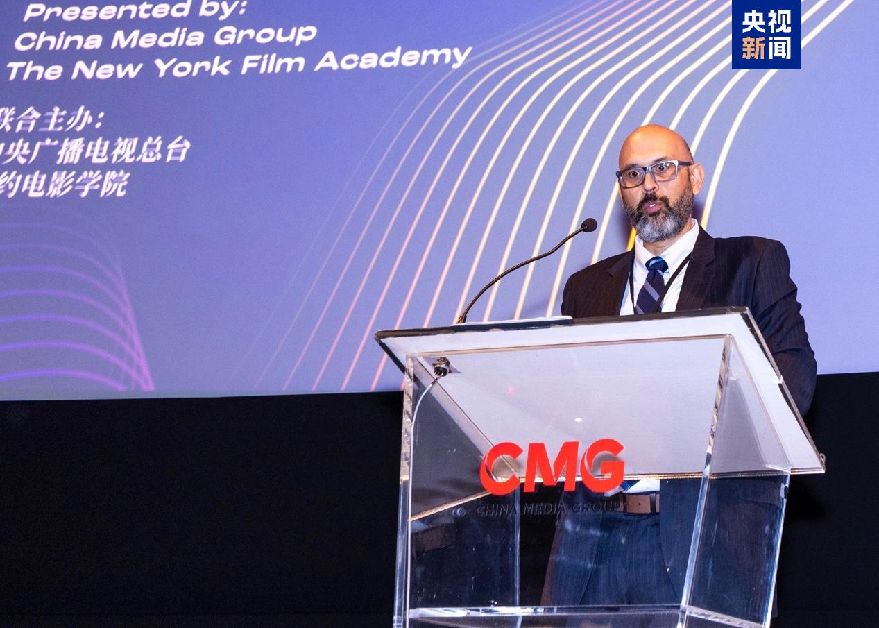 NYFA Vice President Sunny Calderon delivers a speech at the ceremony, Los Angeles, August 22, 2025. /CMG