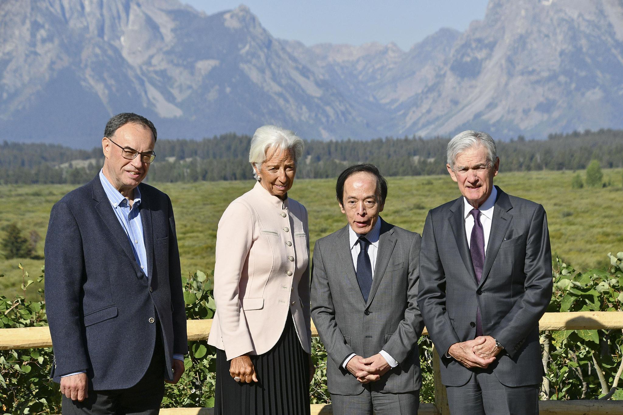 Bank of England Governor Andrew Bailey, European Central Bank President Christine Lagarde, Bank of Japan Governor Kazuo Ueda and US Federal Reserve Chair Jerome Powell pose at the venue of the economic symposium in Jackson Hole, Wyoming, United States, Aug. 22, 2025. /VCG