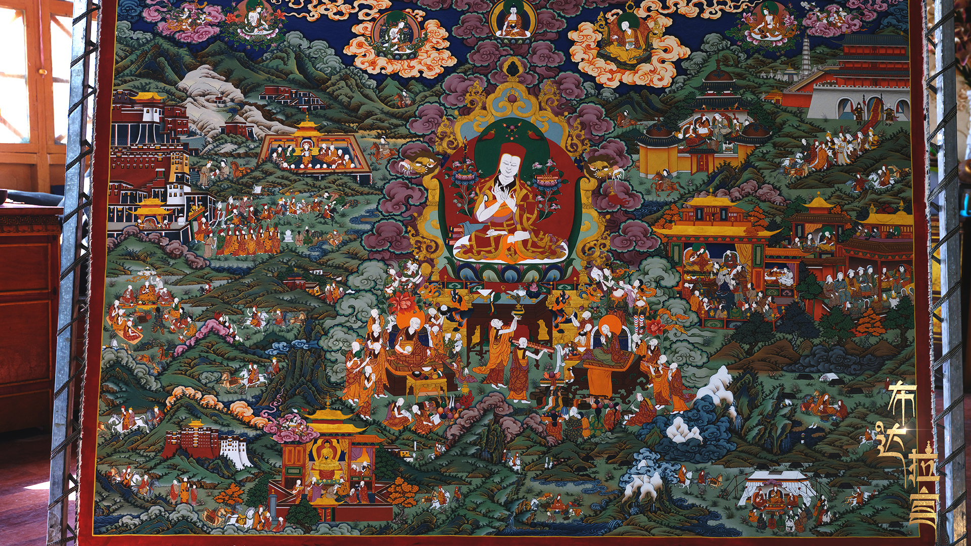 A nearly completed Thangka, Meeting at Liangzhou, awaits the final face detailing, December 2, 2024.