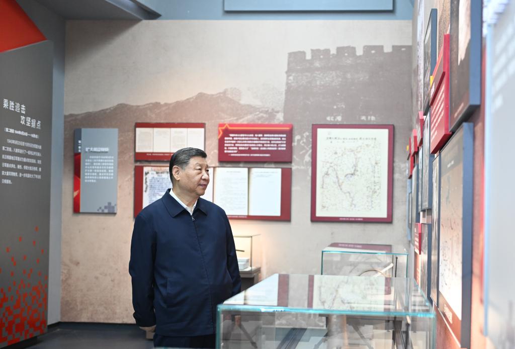 Chinese President Xi Jinping visits the memorial hall commemorating the Hundred-Regiment Campaign when inspecting Yangquan City, north China's Shanxi Province, July 7, 2025. /Xinhua