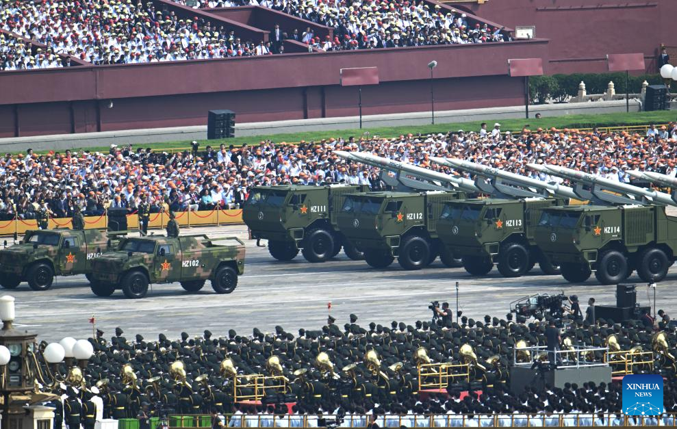A ship-based air defense weapons formation takes part in the military parade, September 3, 2025. /Xinhua