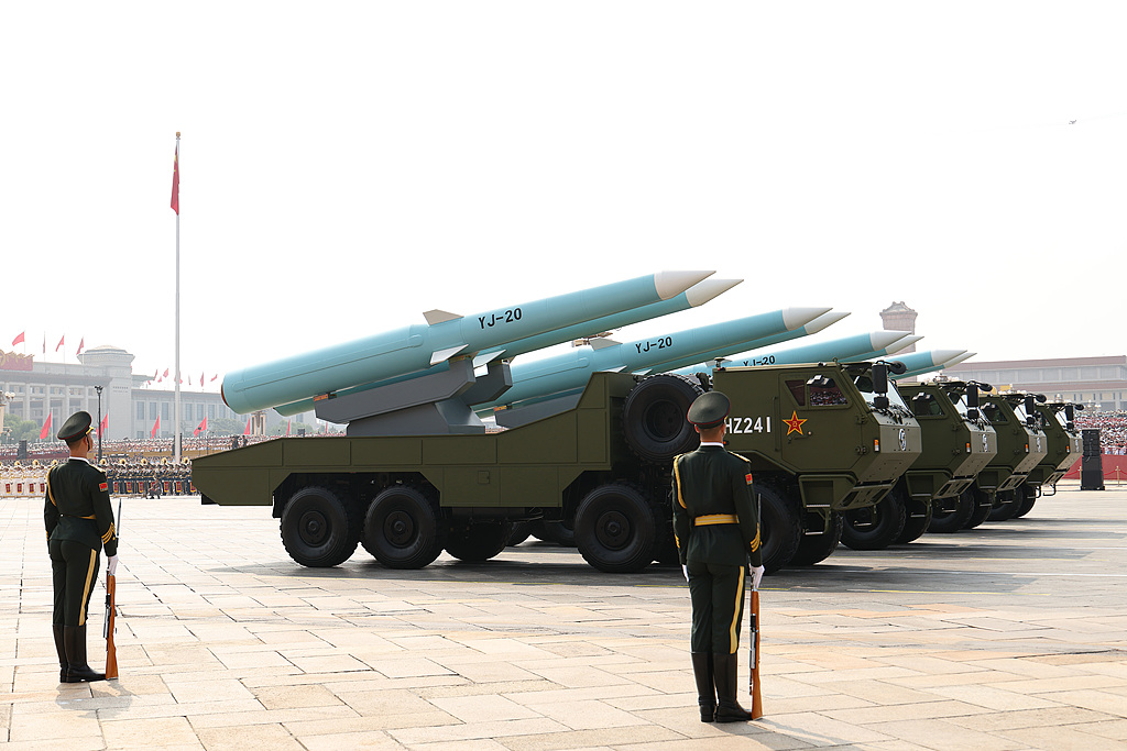 China's YJ-20 hypersonic anti-ship missiles are seen in the parade, September 3, 2025. /VCG