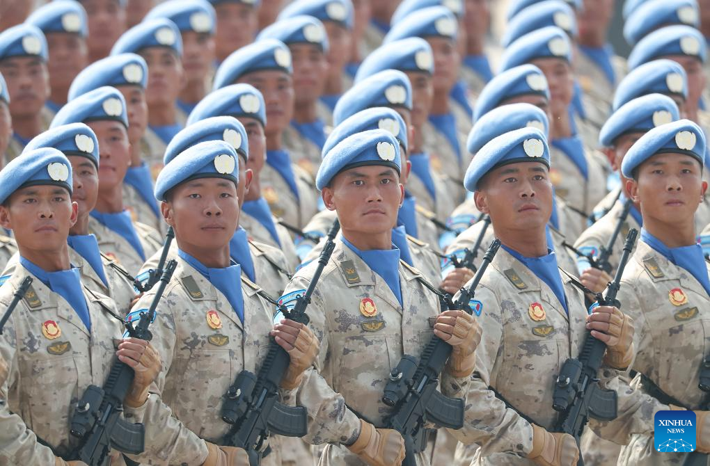 Chinese UN peacekeepers march through Tian'anmen Square during the military parade in Beijing, capital of China, September 3, 2025. /Xinhua