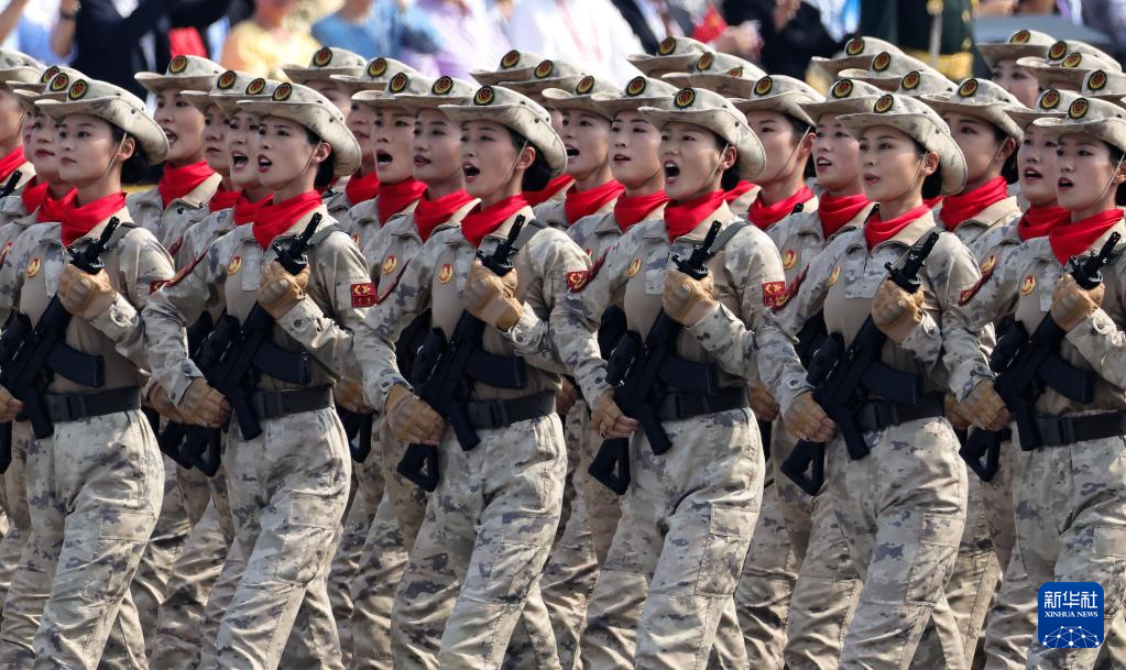 Female militia members march through Tian'anmen Square in Beijing, September 3, 2025. /Xinhua