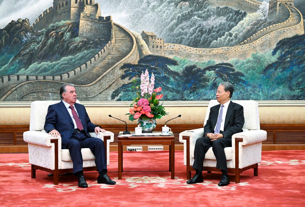 Zhao Leji (R), chairman of the National People's Congress Standing Committee, meets with Tajik President Emomali Rahmon in Beijing, September 3, 2025. /Xinhua