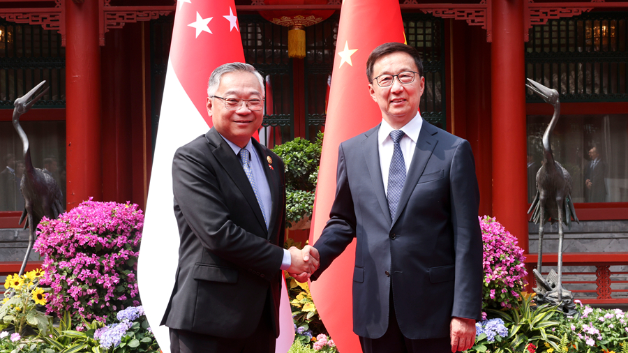 Chinese Vice President Han Zheng (R) meets with Singaporean Deputy Prime Minister and Minister for Trade and Industry Gan Kim Yong in Beijing, September 4, 2025. /Xinhua