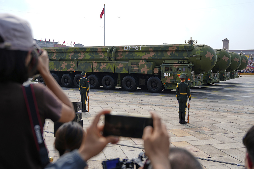 DF-61 missiles take part in a military parade commemorating the 80th anniversary of the victory in the Chinese People's War of Resistance Against Japanese Aggression and the World Anti-Fascist War in Beijing, September 3, 2025. /CFP
