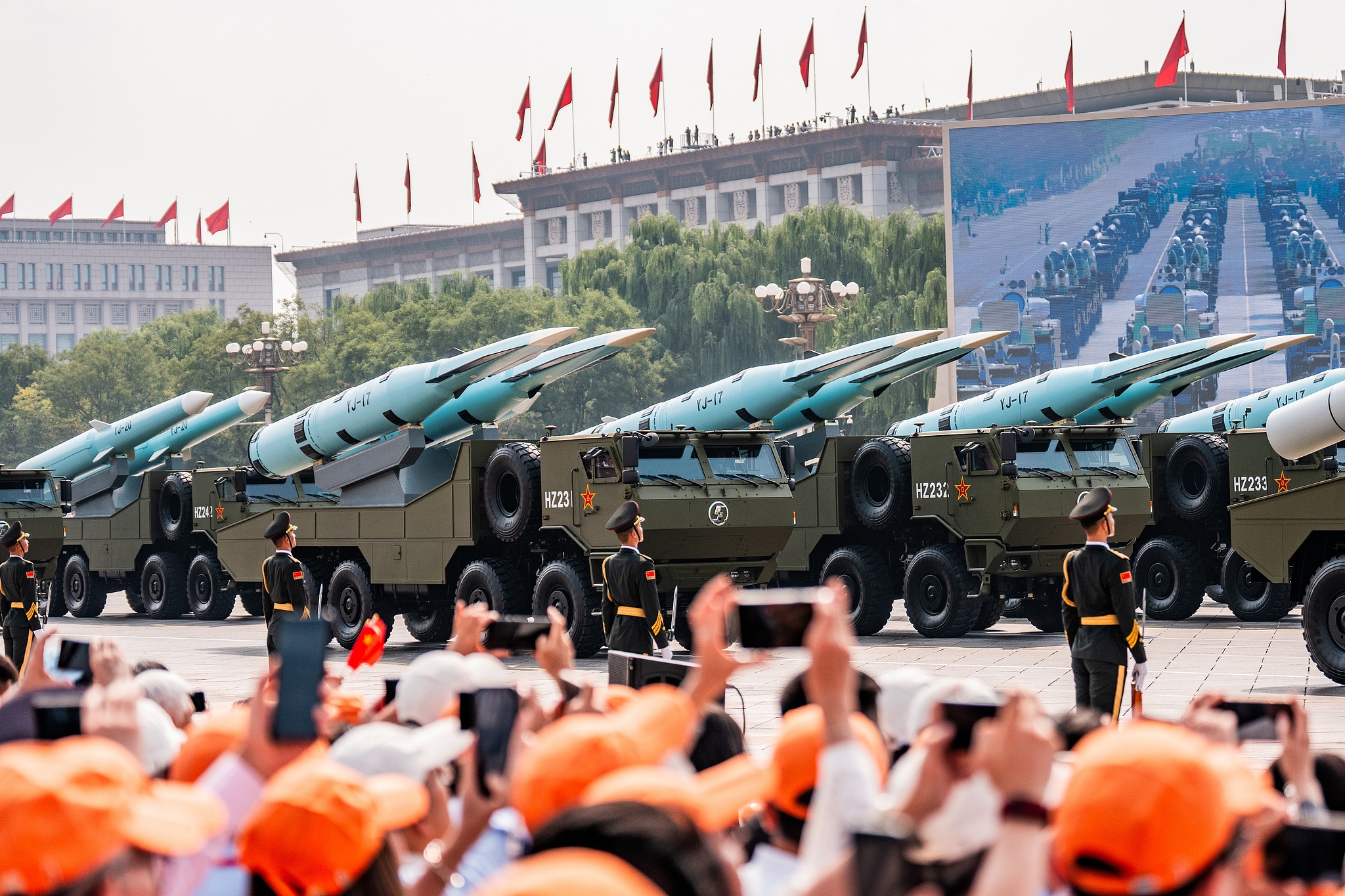 The YJ-21 hypersonic missiles are showcased during the V-Day military parade in Beijing, China, September 3, 2025. /VCG