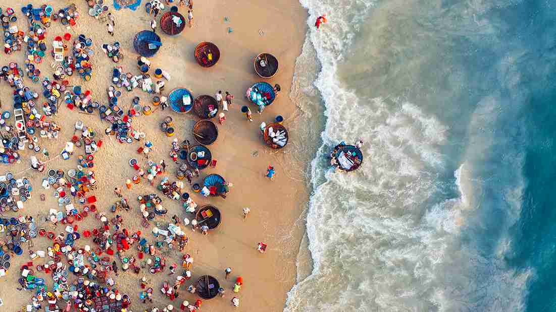 At 2: 00 or 3: 00 a.m. along the coast of Quảng Nam Province, Vietnam, the coastal fish market is already bustling. Fishermen paddle their basket boats, laden with crates of fresh catches, docking ashore in an endless stream. Fish vendors hustle to receive the goods, and the dim light is filled with the vibrant energy of fresh produce.
This scene embodies the warmth of the UN Sustainable Development Goals of 