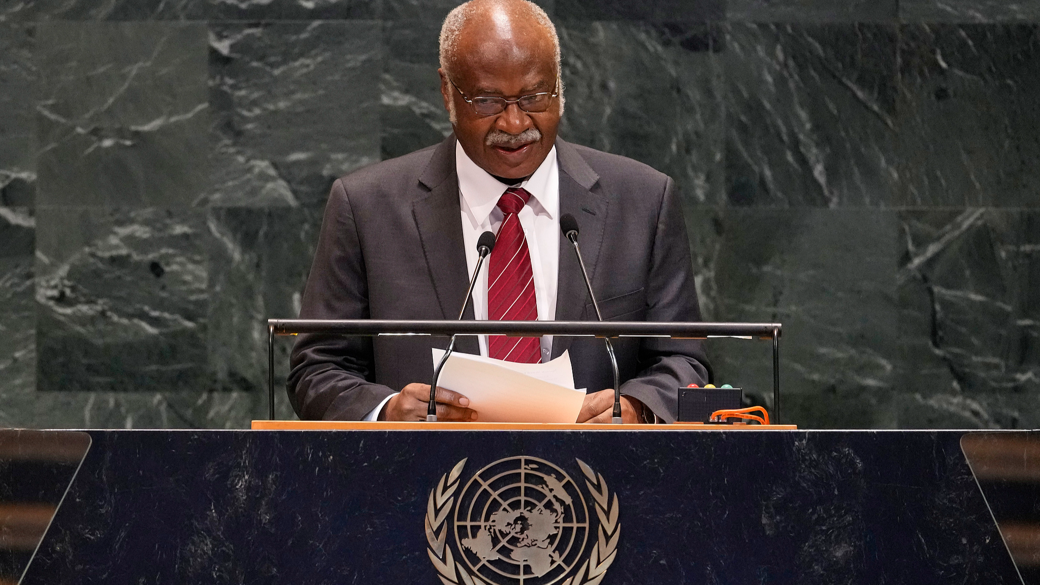 President of the United Nations General Assembly Philemon Yang addresses at the United Nations General Assembly, July 28, 2025. /VCG