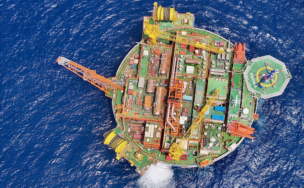An aerial view of Haikui-1, Asia's first cylindrical floating production, storage and offloading (FPSO) facility. /VCG