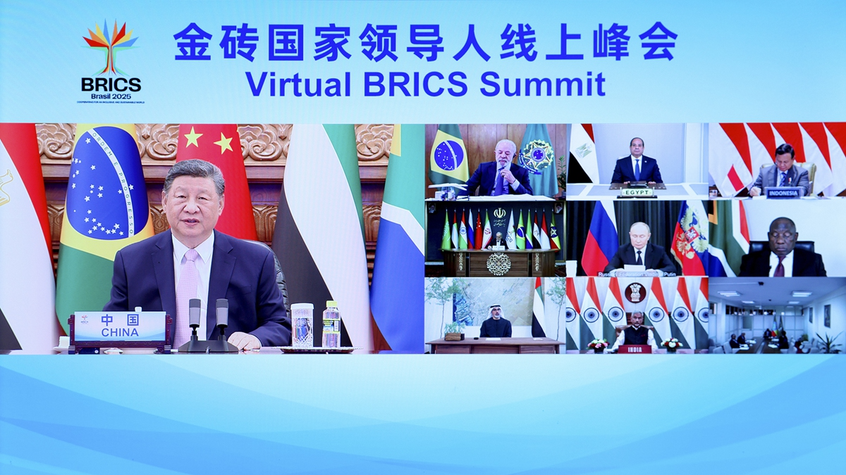 Chinese President Xi Jinping attends a virtual BRICS Summit and delivers an important speech in Beijing, September 8, 2025. /Xinhua