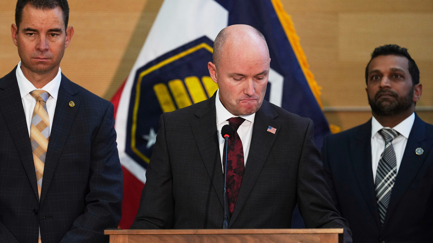 Utah Governor Spencer Cox becomes emotional while speaking during a press conference regarding the killing of Charlie Kirk at Utah Valley University in Orem, Utah, U.S., September 12, 2025. /VCG