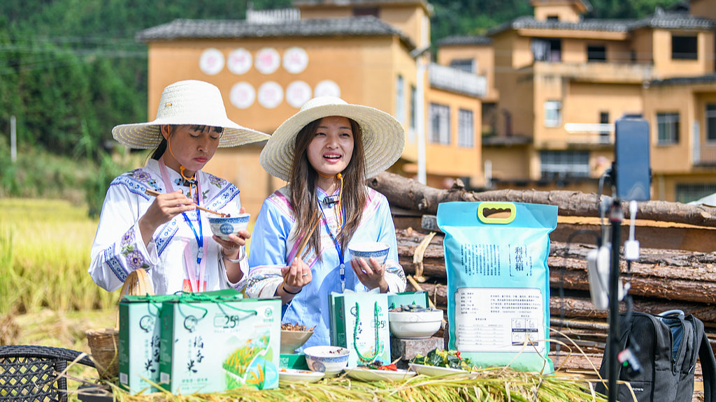 Livestreamers help local farmers sell products online, Gaofeng Village of Bouyei-Miao Autonomous Prefecture of Qianxinan, southwest China's Guizhou Province, September 20, 2025. /VCG