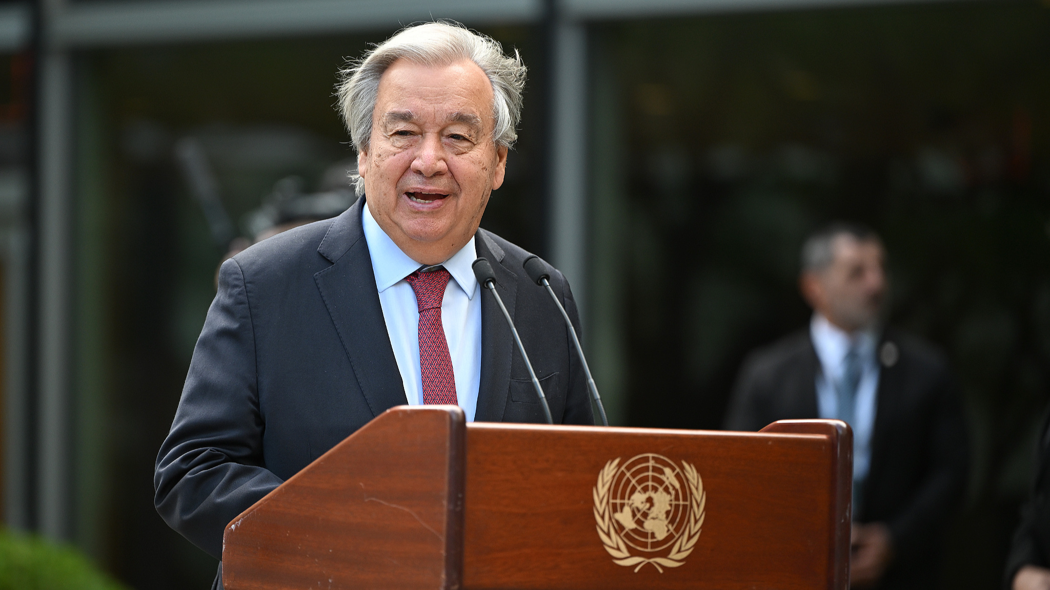 United Nations Secretary-General Antonio Guterres speaks at the Peace Bell annual ceremony marking the International Day of Peace at UN Headquarters, New York, U.S., September 12, 2025. /VCG