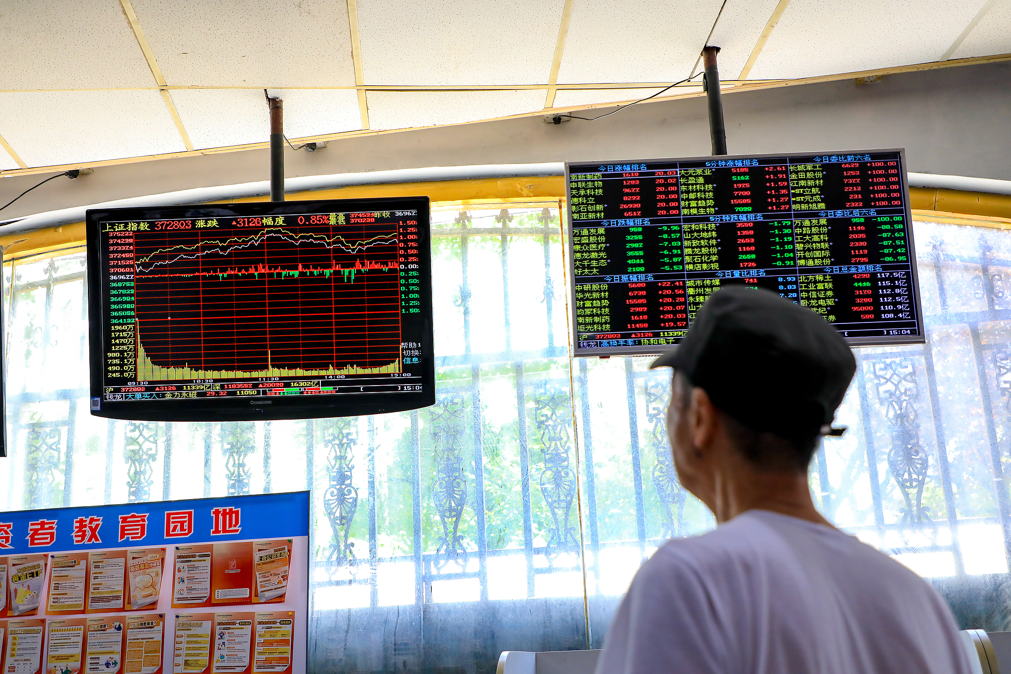 A man watches stock indexes at a securities business office in Shanghai, China, August 18, 2025. /VCG