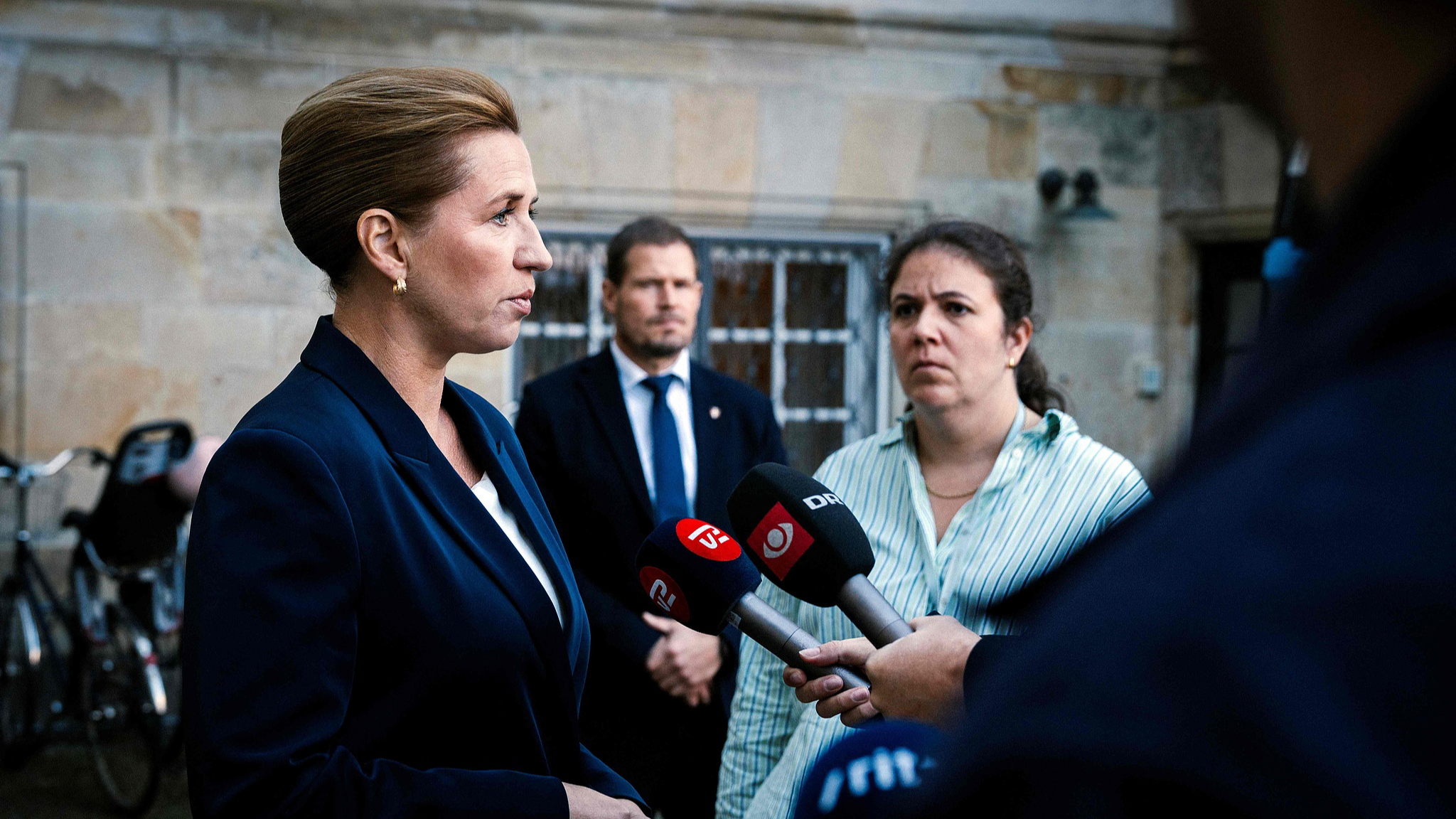 Danish Prime Minister Mette Frederiksen (L) gives a press statement to comment on drone activity at Copenhagen Airport, Copenhagen, Denmark, September 23, 2025. /VCG