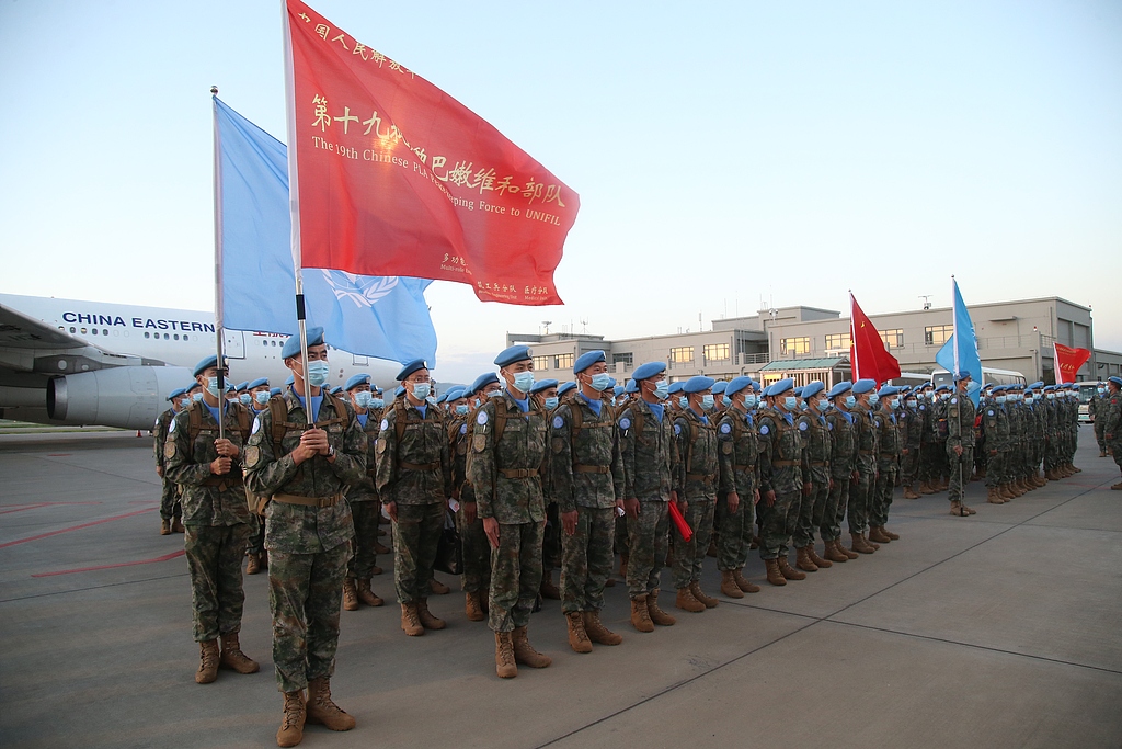 The first echelon of China's 19th peacekeeping contingent to Lebanon departs from Changshui International Airport in Kunming City, southwest China's Yunnan Province, July 28, 2020. /VCG