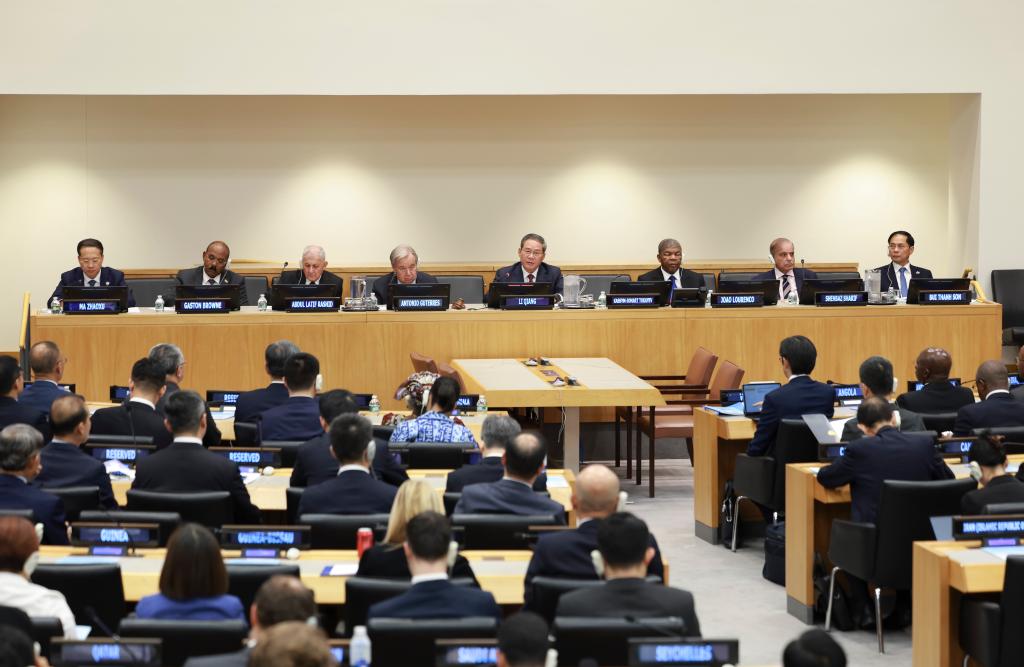 Chinese Premier Li Qiang (C) speaks at a high-level meeting on the GDI hosted by China on the sidelines of the general debate of the 80th session of the UN General Assembly at UN headquarters, September 23, 2025. /Xinhua