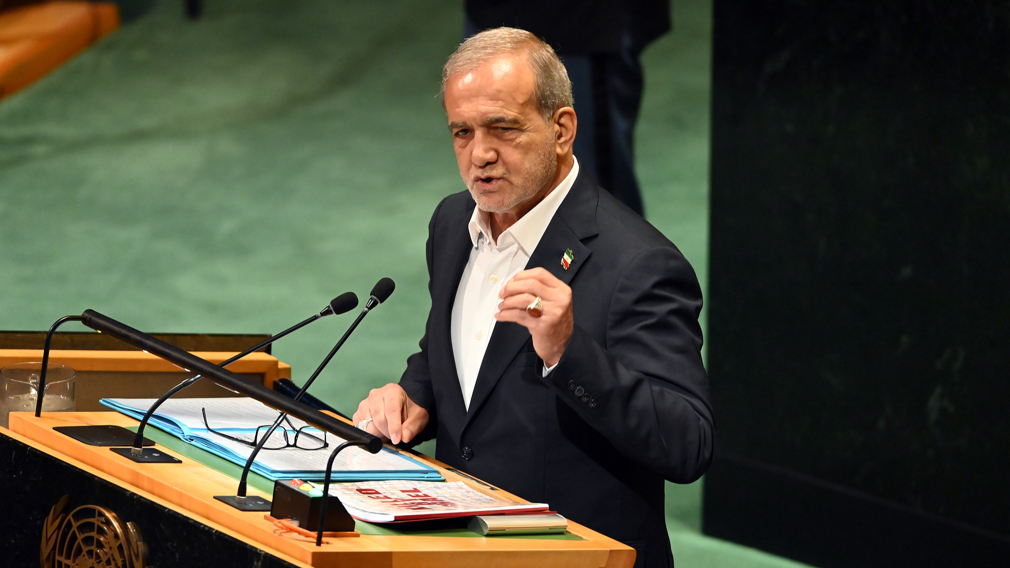 Iranian President Masoud Pezeshkian addresses the UN General Assembly at the UN headquarters in New York, U.S., September 23, 2025. /VCG
