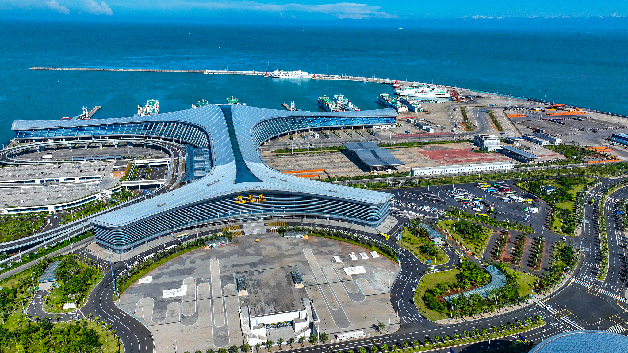 Aerial view of the new harbor located in Haikou City, Hainan Province, China, September 15, 2025. / VCG