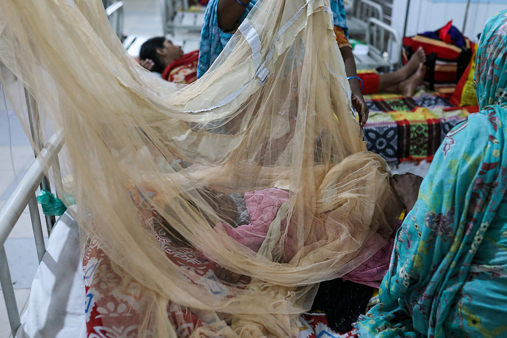 A patient diagnosed with dengue lies under a mosquito net on a bed at Mugda General Hospital in Dhaka, Bangladesh, on September 24, 2025. /CFP