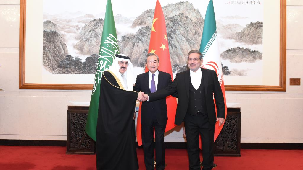 Chinese Foreign Minister Wang Yi (C) with Musaad bin Mohammed Al-Aiban (L), Saudi Arabia's Minister of State, member of the Council of Ministers and National Security Advisor, and Admiral Ali Shamkhani, then Secretary of the Supreme National Security Council of Iran, in Beijing, China, on March 10, 2023. Wang, also a member of the Political Bureau of the Communist Party of China (CPC) Central Committee and Director of the Office of the Foreign Affairs Commission of the CPC Central Committee, attended the closing meeting of talks between the Saudi and Iranian delegations respectively led by Al-Aiban and Shamkhani. /Xinhua