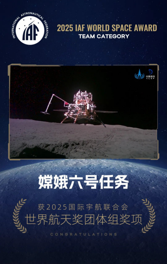 IAF's official poster of the Chang'e-6 mission team with the prestigious 2025 International Astronautical Federation (IAF) World Space Award in the team category. /IAF