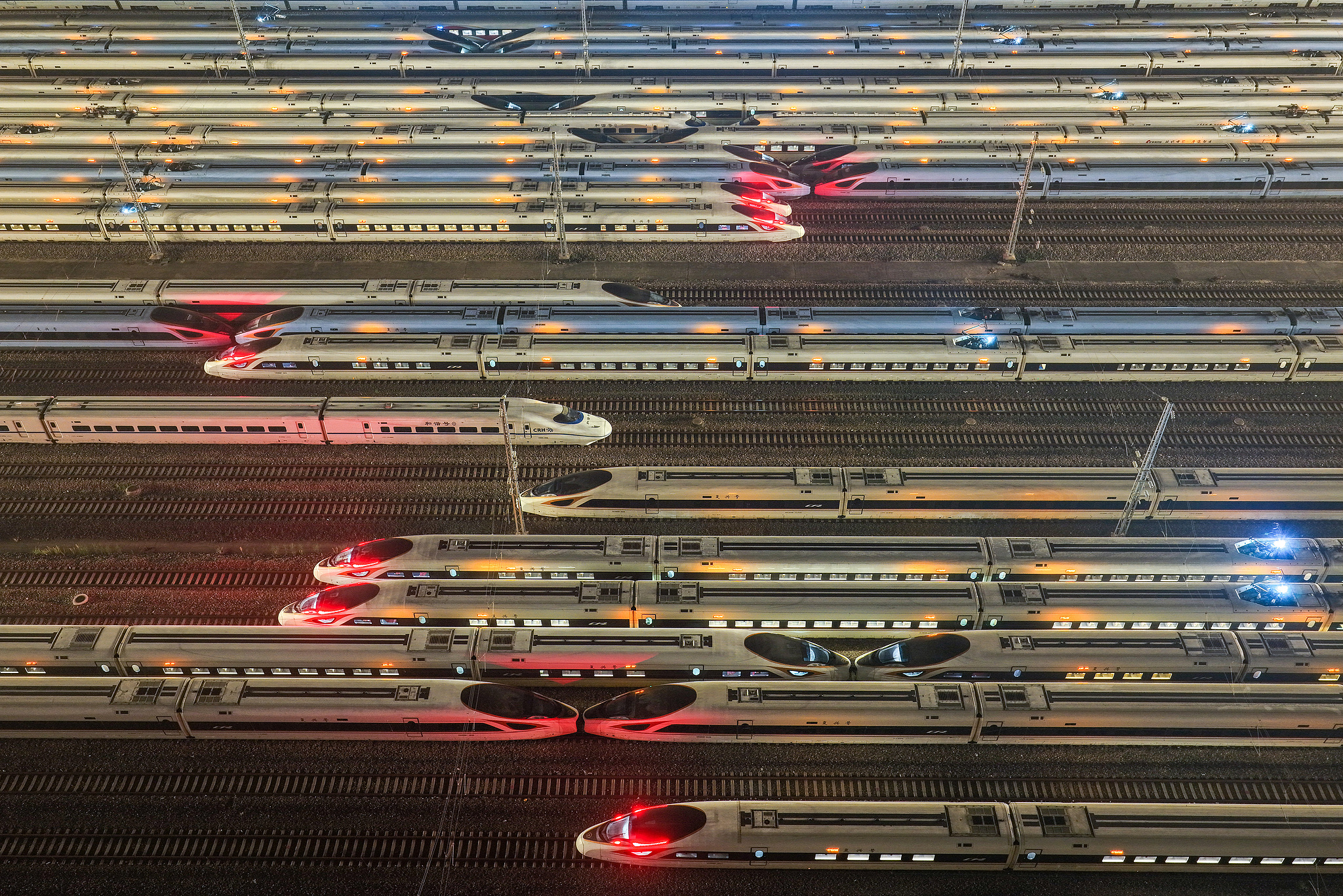 Rows of high-speed trains are seen in Nanjing, east China's Jiangsu Province, October 1, 2025. /VCG
