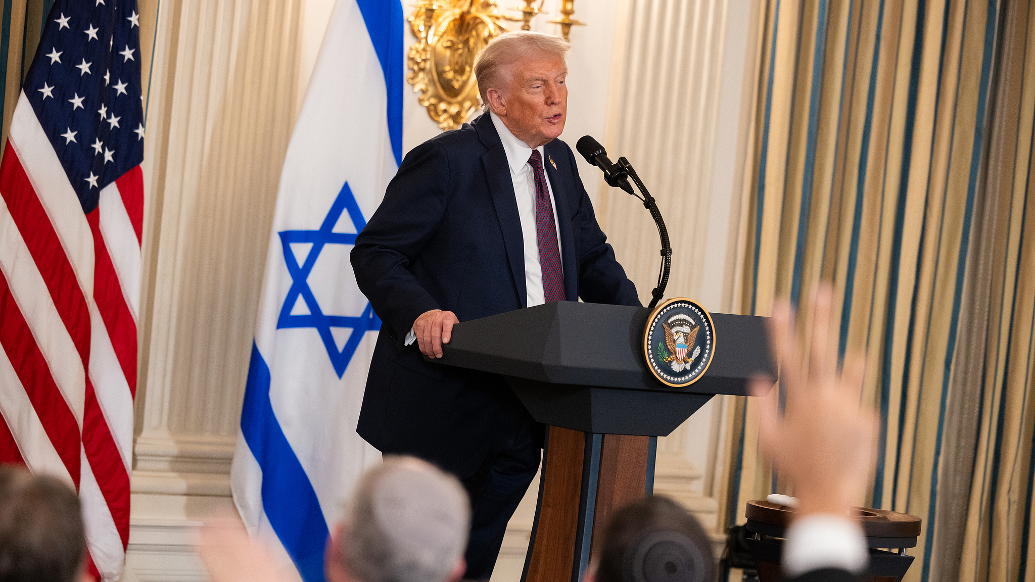 U.S. President Donald Trump declines to answer questions during a press conference with Israeli Prime Minister Benjamin Netanyahu in the State Dining Room of the White House in Washington, D.C., U.S., September 29, 2025. /VCG