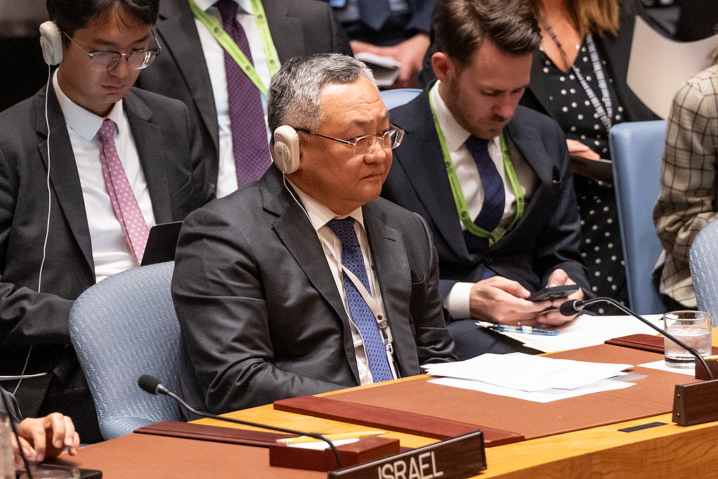 Ambassador Fu Cong, permanent representative of China to the United Nations, attends a Security Council meeting on the situation in the Middle East as members vote on the Palestinian-Israeli conflict draft resolution at UN Headquarters in New York, September 18, 2025. /VCG