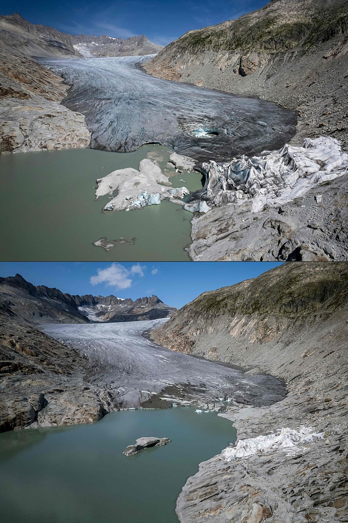 The combination of pictures shows an aerial photograph (up) taken on August 24, 2023 above Gletsch, in the Swiss Alps showing insulating foam covering a part of the Rhone Glacier to prevent it from melting, and an aerial picture (bottom) taken on September 12, 2025 above Gletsch, in the Swiss Alps, showing the bottom part of the Rhone Glacier melting into its glacial lake. /VCG