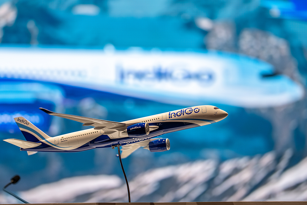 A model of an IndiGo aircraft on display in New Delhi, India, June 1, 2025. IndiGo is the first Indian airline to announce resumption of direct flights to-and-fro from China. /VCG