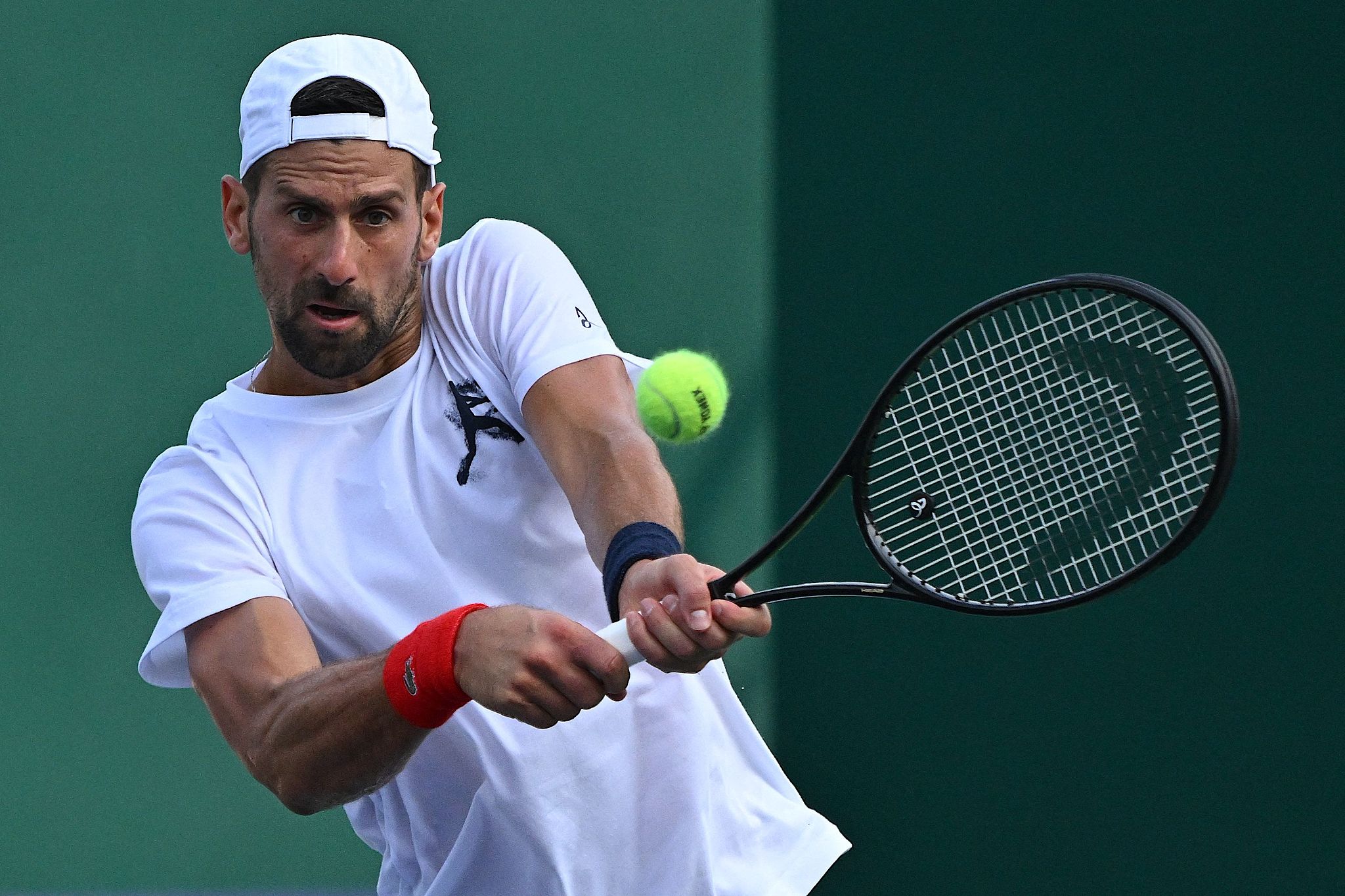 Novak Djokovic of Serbia hits a shot during practice ahead of the Shanghai Masters in east China's Shanghai Municipality, October 2, 2025. /VCG