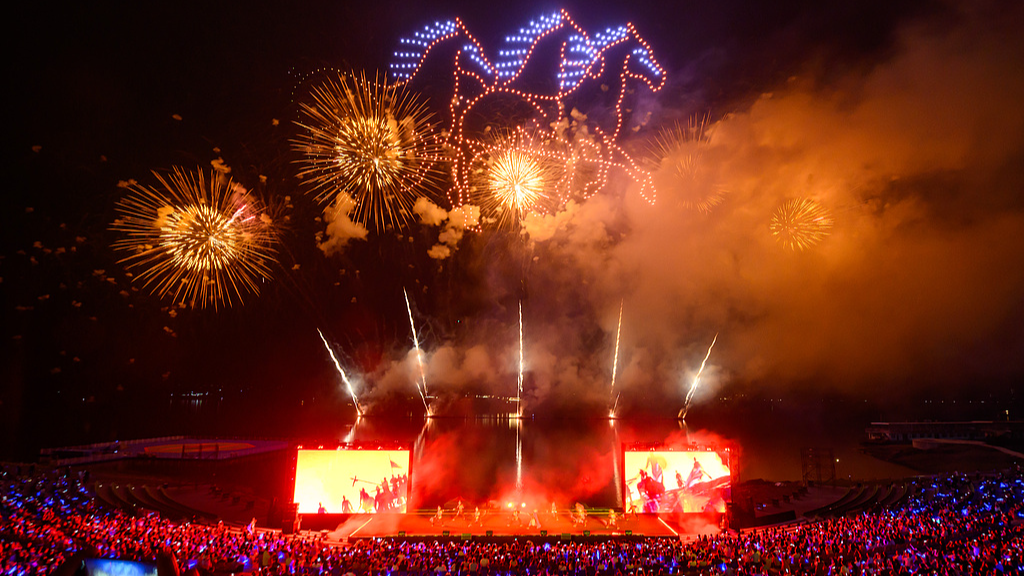 Horses, a symbol of success in Chinese culture, were depicted in the drone and firework performance in Chongqing, China, October 2, 2025. /VCG