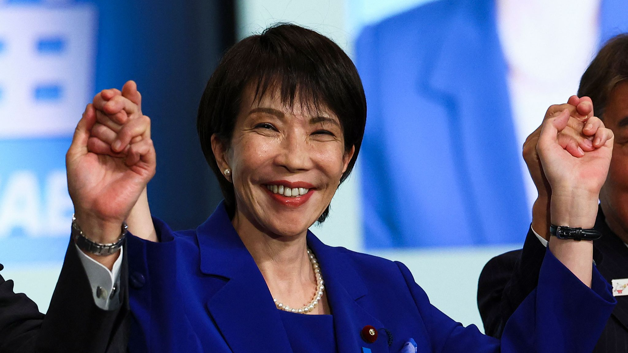 Newly-elected Liberal Democratic Party (LDP) leader Sanae Takaichi celebrates after winning the LDP presidential election in Tokyo, Japan, October 4, 2025. /VCG