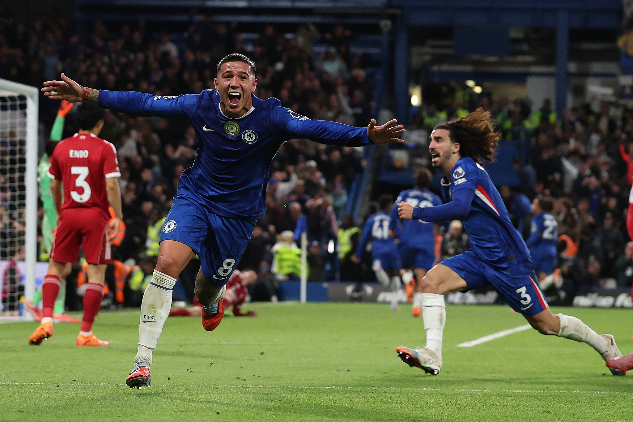Estevao of Chelsea (#8) celebrates after scoring a goal against Liverpool in a Premier League match at Stamford Bridge in London, England, October 4, 2025. /VCG