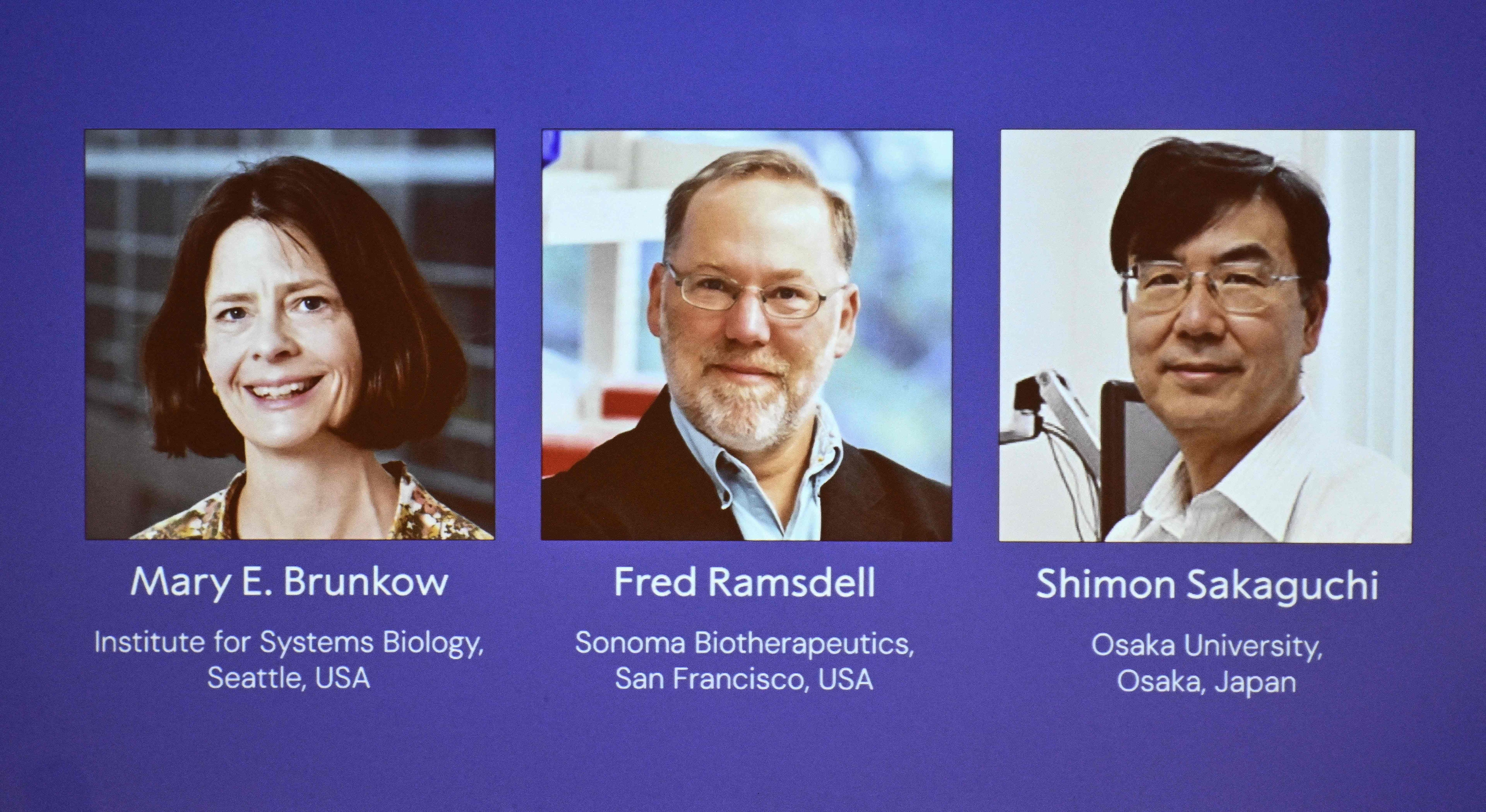 Portraits of the 2025 Nobel Prize in physiology or medicine laureates Mary E. Brunkow (L), Fred Ramsdell (C) and Shimon Sakaguchi are shown on a screen during the announcement of the prize at the Karolinska Institute in Stockholm, Sweden, October 6, 2025. /VCG