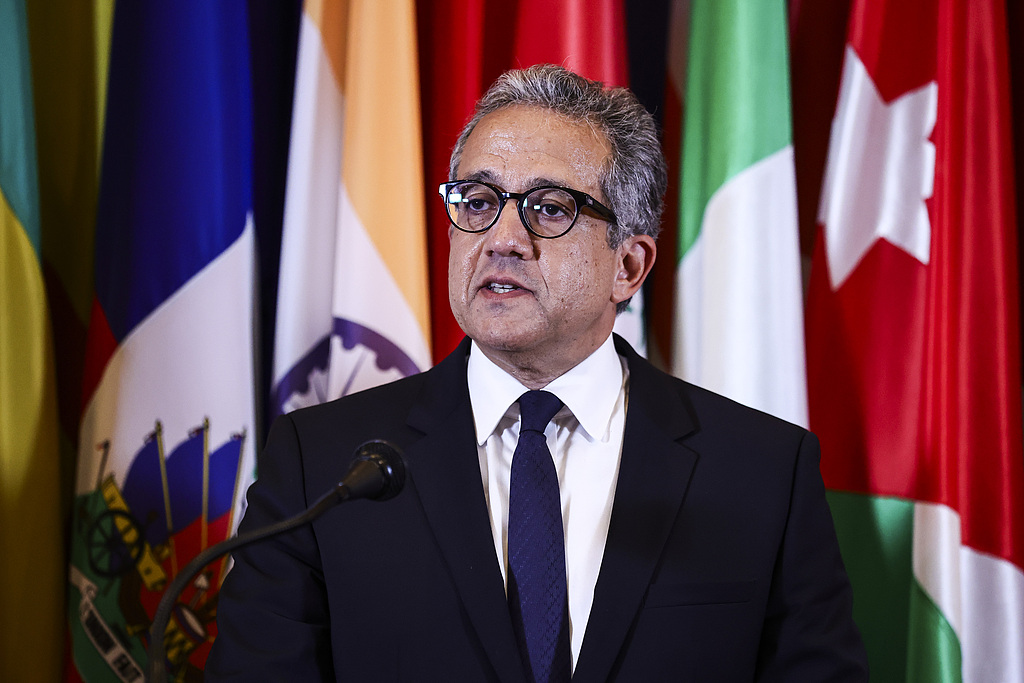 Director-General candidate Khaled El-Anany speaks after a vote of the UNESCO executive council in Paris, France, October 6, 2025. /VCG
