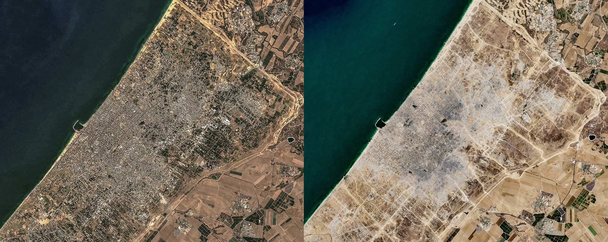 A combination of satellite images made available by Vantor shows a general view of Gaza City and northern Gaza on September 27, 2023 (left) and September 11, 2025 (right). /VCG 