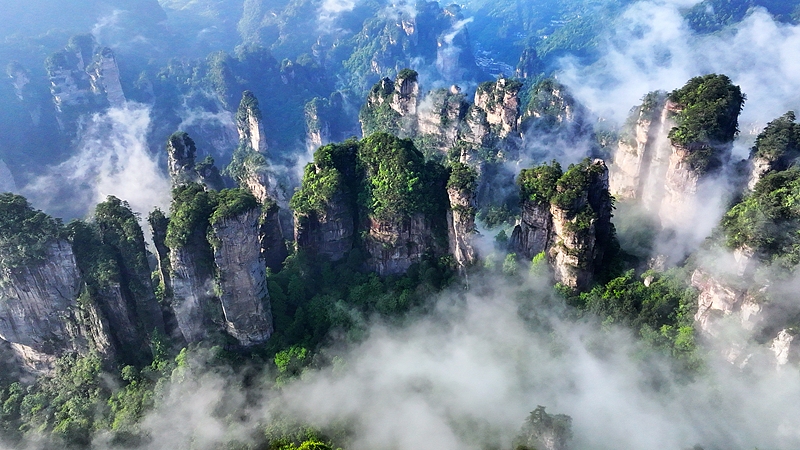 Live: View of Six Wonders Pavilion in Zhangjiajie National Forest Park