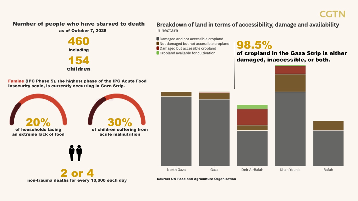 Data shows 460 people have starved to death as of October 7, 2025. /CGTN