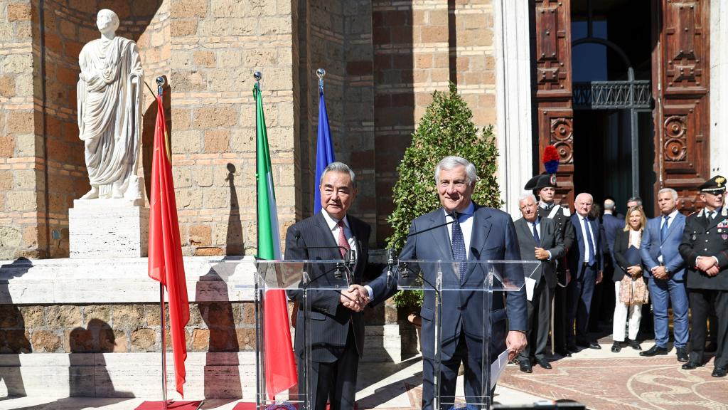 Chinese Foreign Minister Wang Yi, also a member of the Political Bureau of the Communist Party of China Central Committee, meets the press together with Italian Deputy Prime Minister and Minister of Foreign Affairs and International Cooperation Antonio Tajani in Rome, Italy, October 8, 2025. /Xinhua