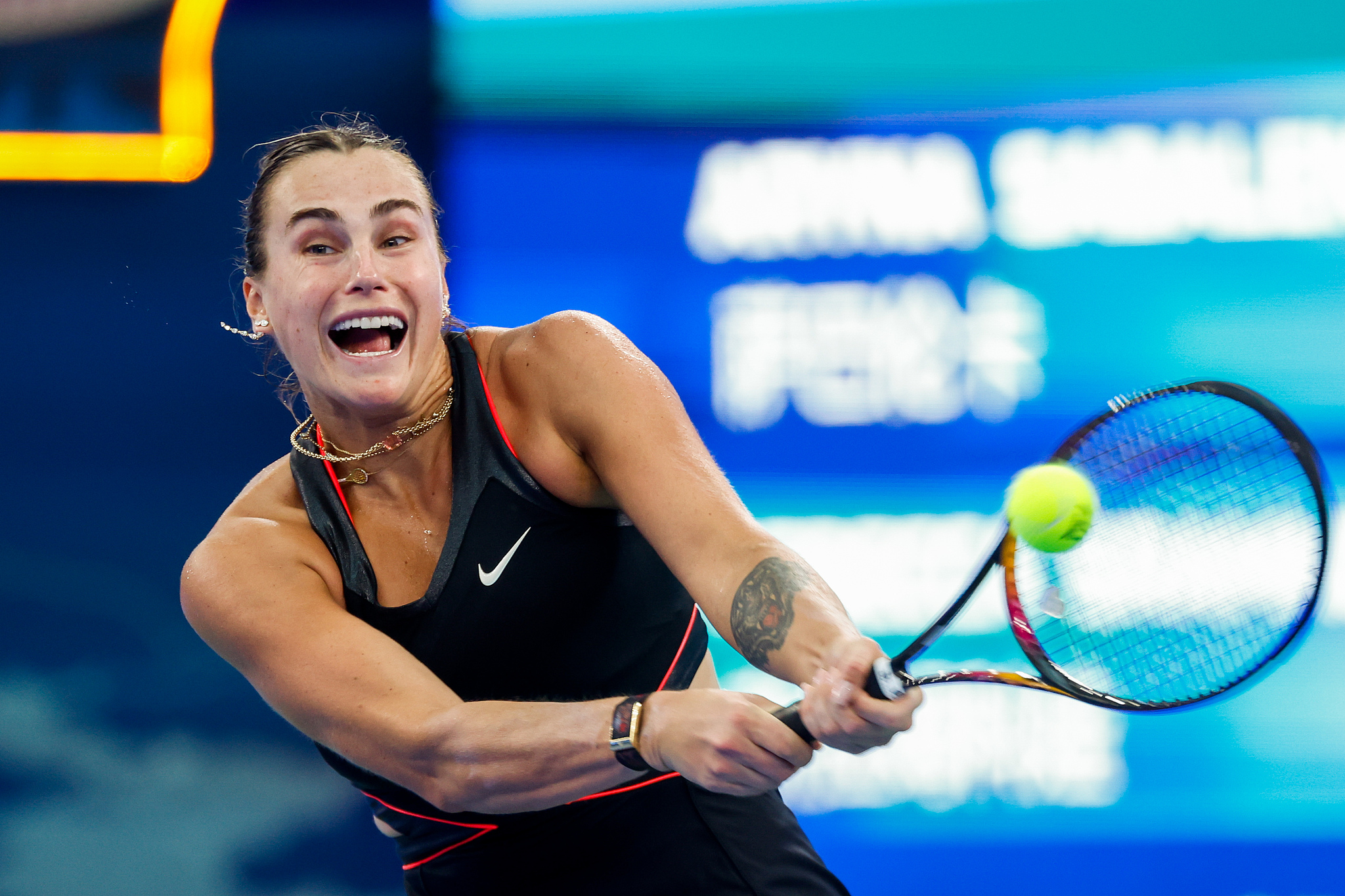 Aryna Sabalenka of Belarus hits a shot against Rebecca Sramkova of Slovakia in a women's singles second-round match at the Wuhan Open in Wuhan, central China's Hubei Province, October 8, 2025. /VCG